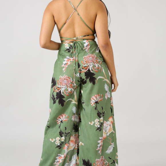 Womens Green Floral Print Double Slit Leg Jumpsuit - Picture 3 of 4
